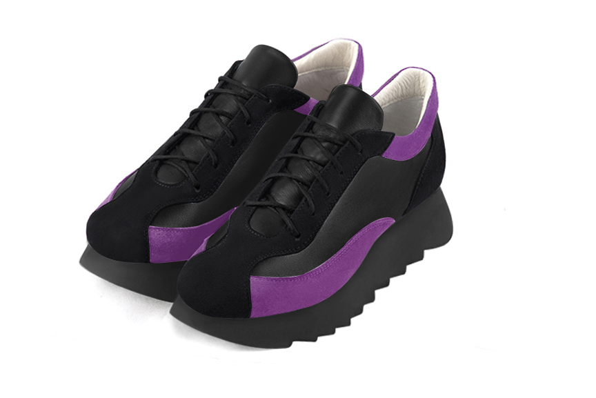Matt black and mauve purple women's elegant sneakers. Round toe. Low rubber soles. Front view - Florence KOOIJMAN